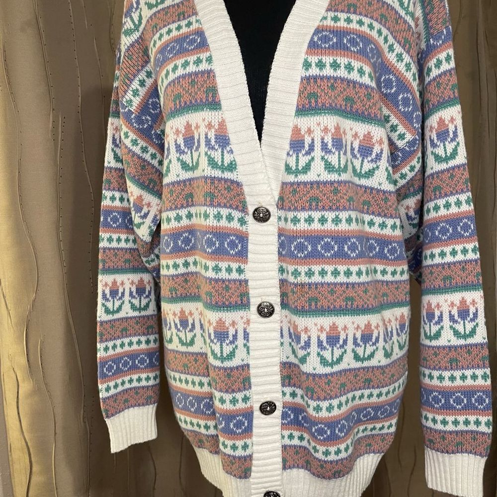 Vintage 80s / 90s Womens Medium Pastel Floral Knit Cardigan Sweater USA - Picture 2 of 9
